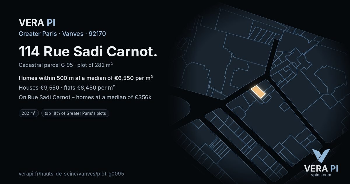 114 Rue Sadi Carnot, Vanves at night – the plot lit, the parcels around coloured by the prices near them