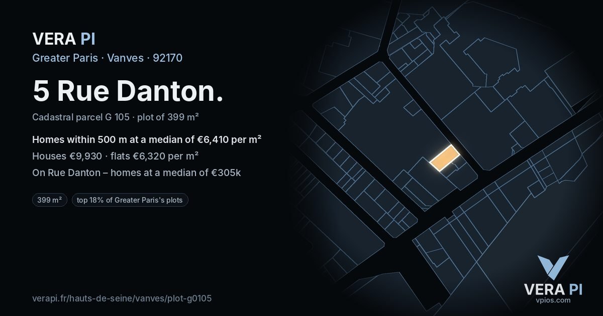 5 Rue Danton, Vanves at night – the plot lit, the parcels around coloured by the prices near them