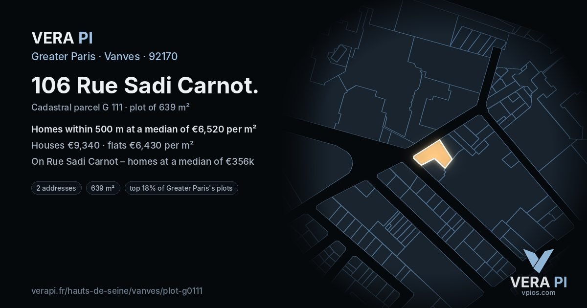 106 Rue Sadi Carnot, Vanves at night – the plot lit, the parcels around coloured by the prices near them