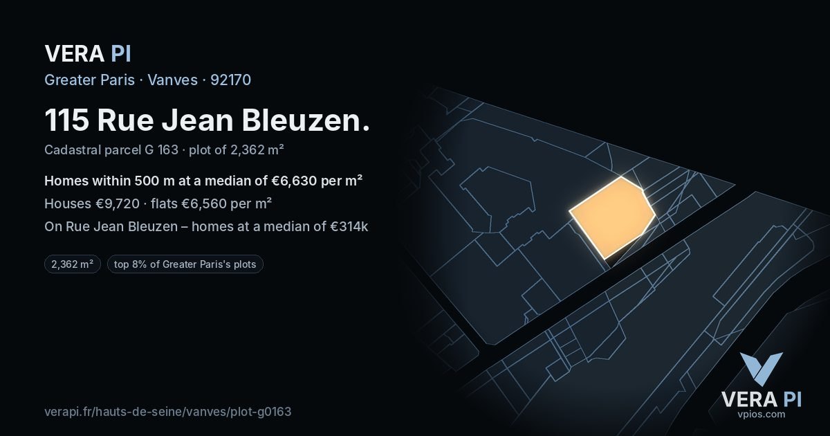 115 Rue Jean Bleuzen, Vanves at night – the plot lit, the parcels around coloured by the prices near them