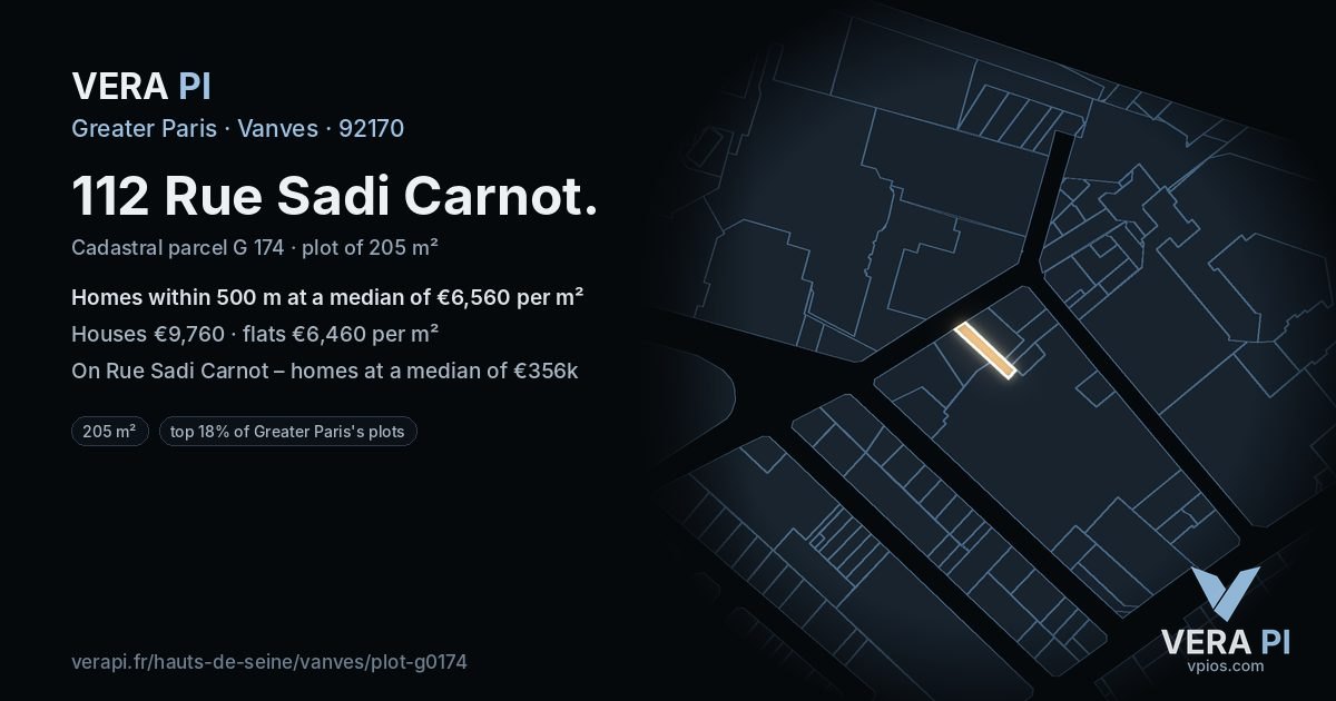 112 Rue Sadi Carnot, Vanves at night – the plot lit, the parcels around coloured by the prices near them