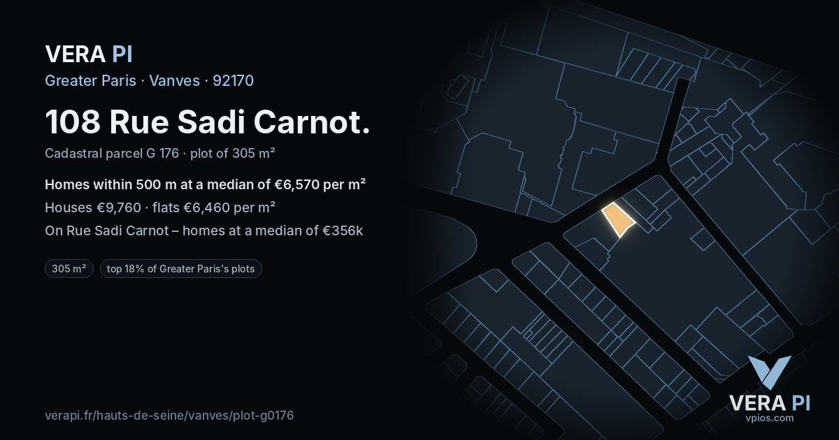 108 Rue Sadi Carnot, Vanves at night – the plot lit, the parcels around coloured by the prices near them