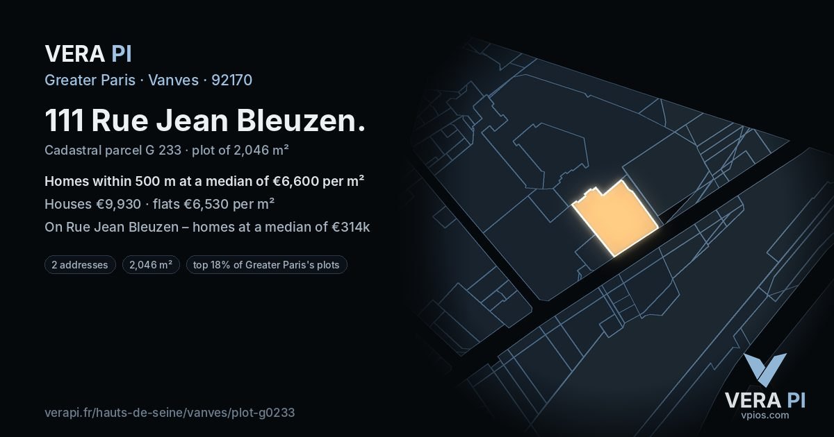 111 Rue Jean Bleuzen, Vanves at night – the plot lit, the parcels around coloured by the prices near them