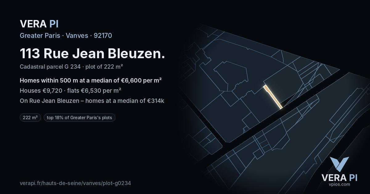 113 Rue Jean Bleuzen, Vanves at night – the plot lit, the parcels around coloured by the prices near them