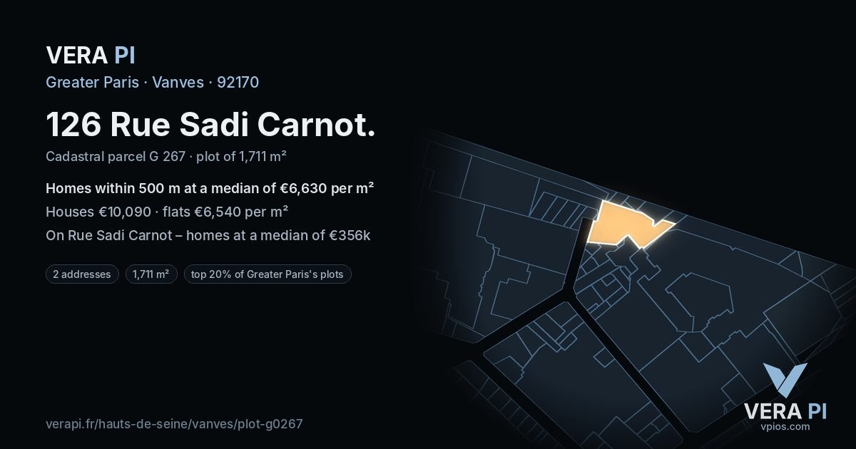 126 Rue Sadi Carnot, Vanves at night – the plot lit, the parcels around coloured by the prices near them