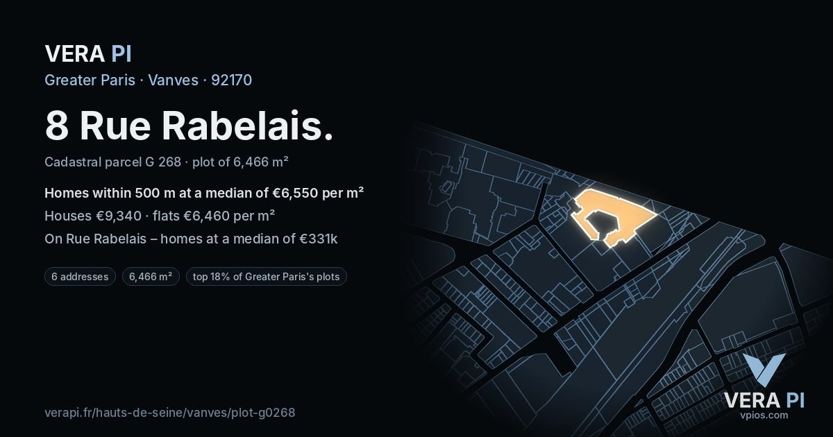 8 Rue Rabelais, Vanves at night – the plot lit, the parcels around coloured by the prices near them