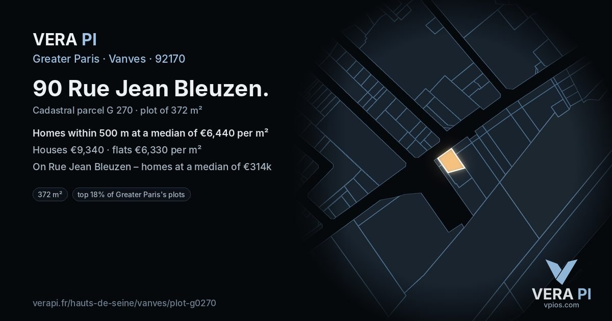 90 Rue Jean Bleuzen, Vanves at night – the plot lit, the parcels around coloured by the prices near them