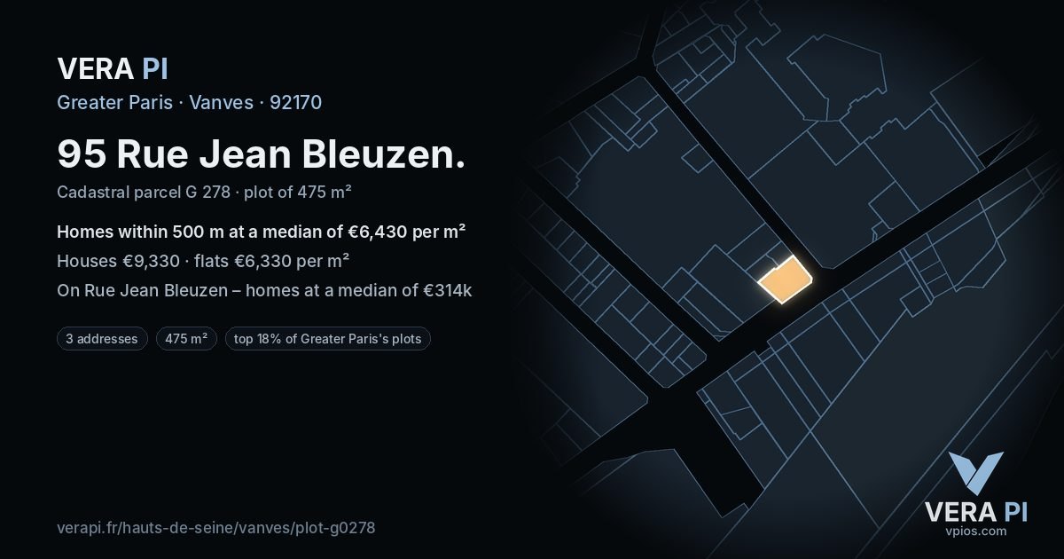 95 Rue Jean Bleuzen, Vanves at night – the plot lit, the parcels around coloured by the prices near them