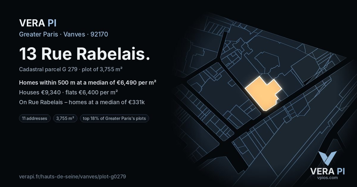 13 Rue Rabelais, Vanves at night – the plot lit, the parcels around coloured by the prices near them