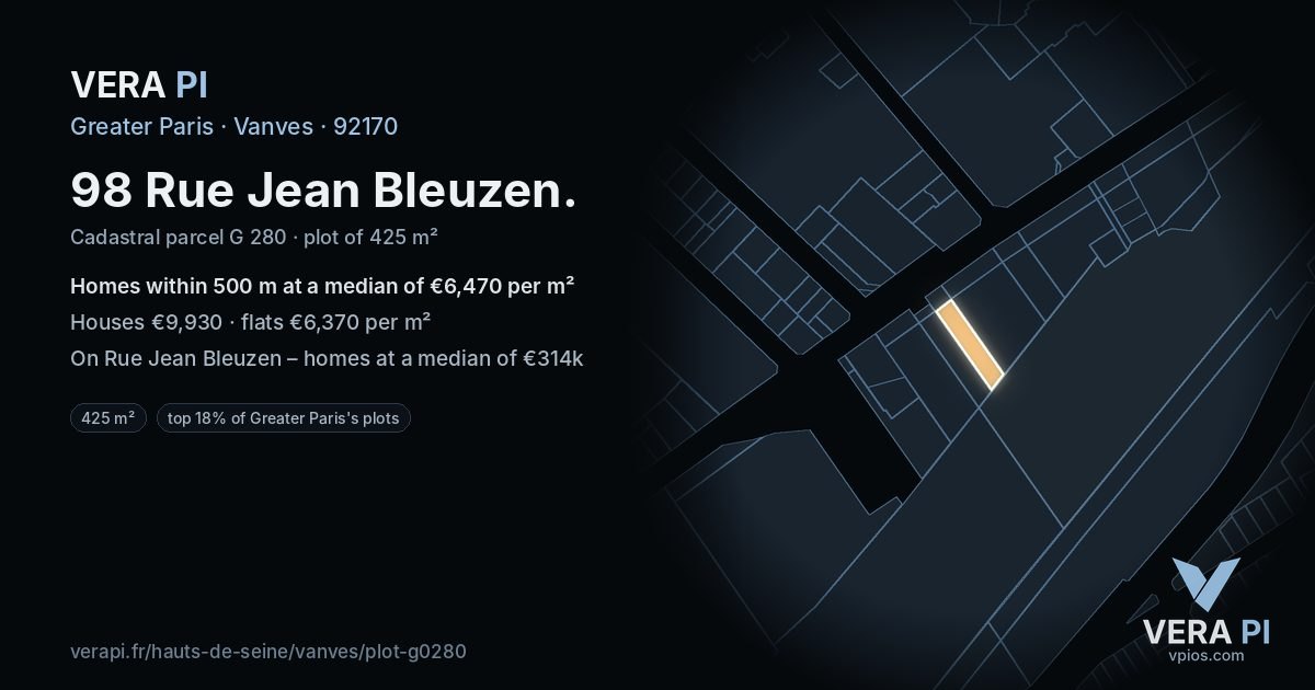 98 Rue Jean Bleuzen, Vanves at night – the plot lit, the parcels around coloured by the prices near them