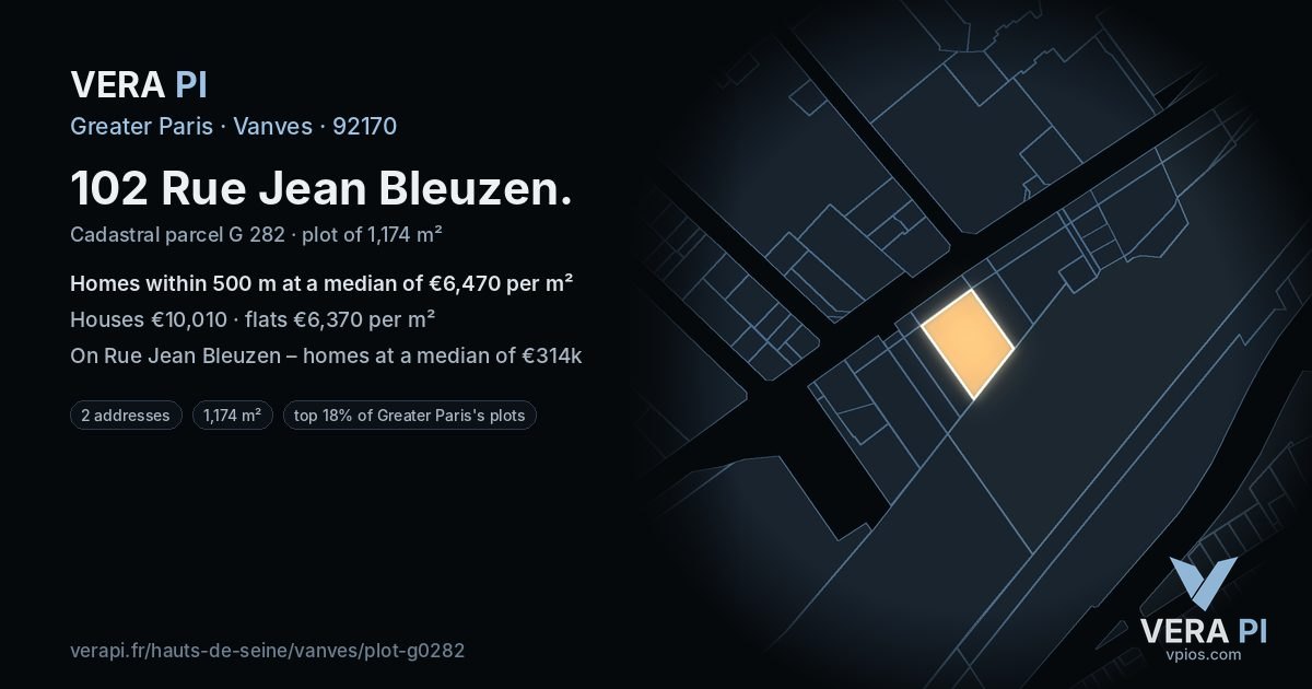 102 Rue Jean Bleuzen, Vanves at night – the plot lit, the parcels around coloured by the prices near them