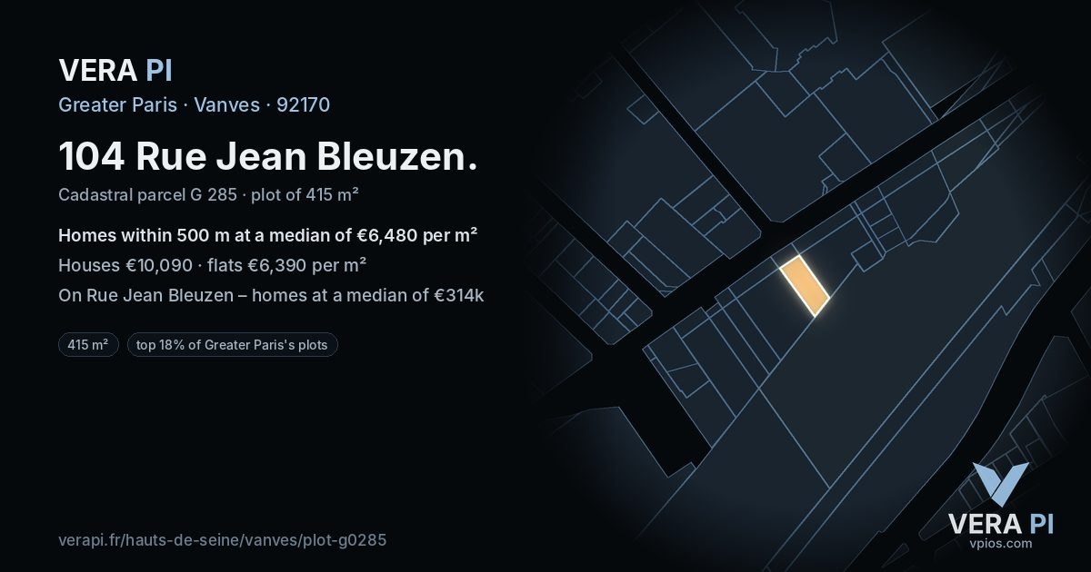 104 Rue Jean Bleuzen, Vanves at night – the plot lit, the parcels around coloured by the prices near them