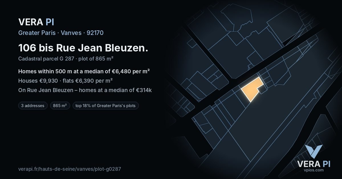 106 bis Rue Jean Bleuzen, Vanves at night – the plot lit, the parcels around coloured by the prices near them