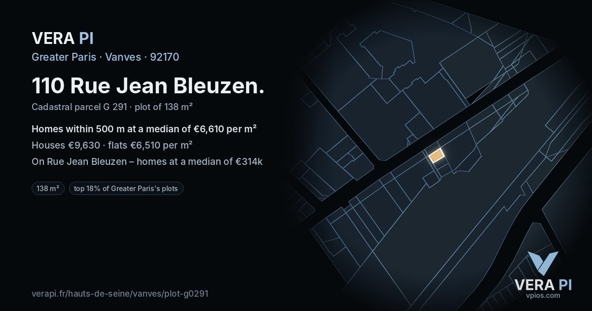 110 Rue Jean Bleuzen, Vanves at night – the plot lit, the parcels around coloured by the prices near them