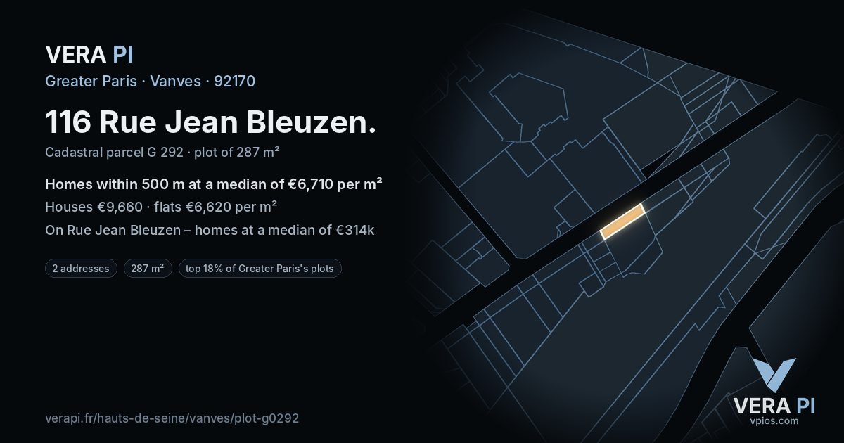 116 Rue Jean Bleuzen, Vanves at night – the plot lit, the parcels around coloured by the prices near them