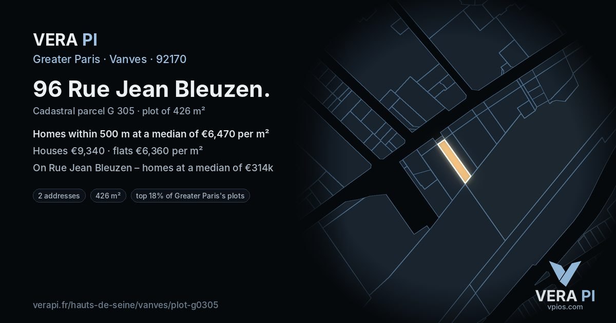 96 Rue Jean Bleuzen, Vanves at night – the plot lit, the parcels around coloured by the prices near them