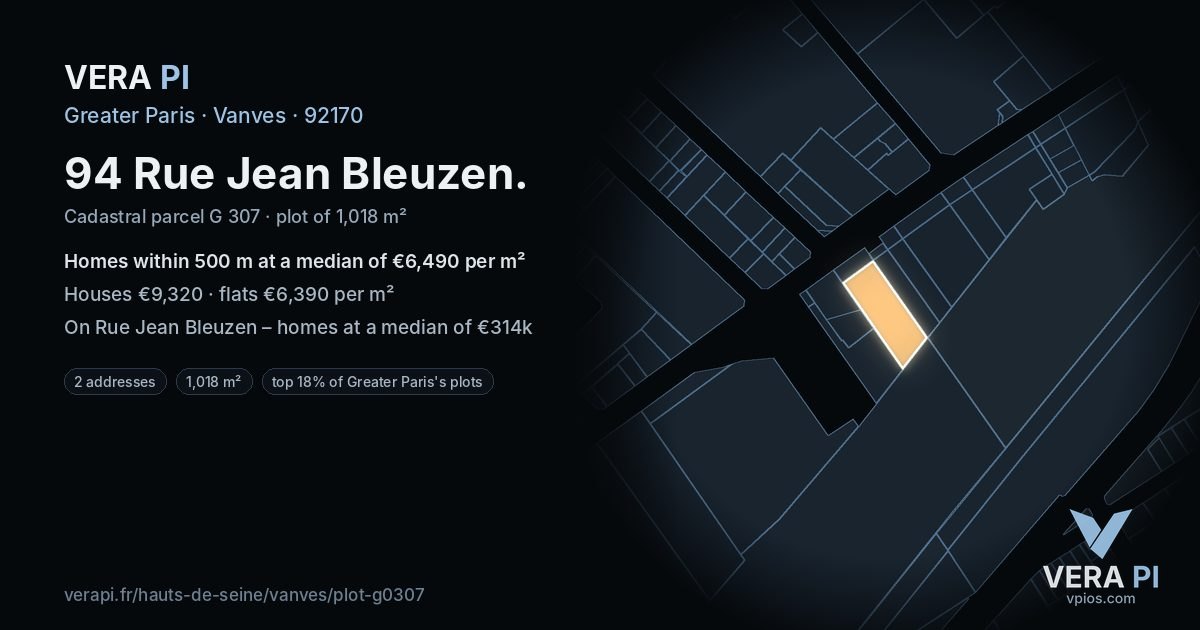 94 Rue Jean Bleuzen, Vanves at night – the plot lit, the parcels around coloured by the prices near them