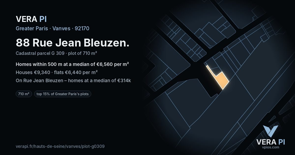 88 Rue Jean Bleuzen, Vanves at night – the plot lit, the parcels around coloured by the prices near them