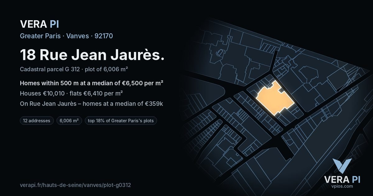 18 Rue Jean Jaurès, Vanves at night – the plot lit, the parcels around coloured by the prices near them
