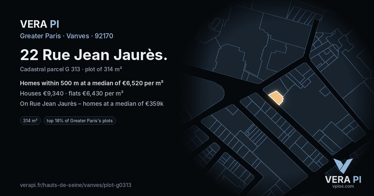 22 Rue Jean Jaurès, Vanves at night – the plot lit, the parcels around coloured by the prices near them