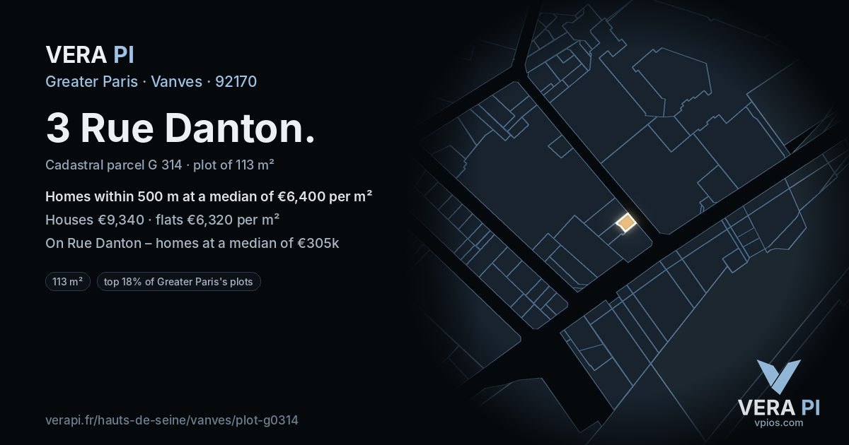 3 Rue Danton, Vanves at night – the plot lit, the parcels around coloured by the prices near them