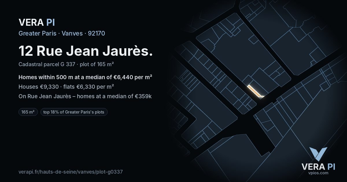 12 Rue Jean Jaurès, Vanves at night – the plot lit, the parcels around coloured by the prices near them