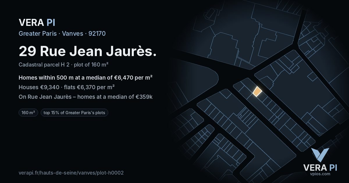 29 Rue Jean Jaurès, Vanves at night – the plot lit, the parcels around coloured by the prices near them