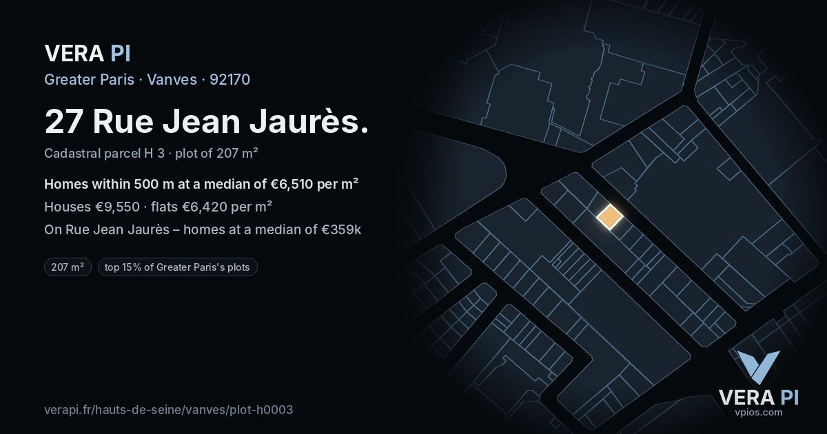 27 Rue Jean Jaurès, Vanves at night – the plot lit, the parcels around coloured by the prices near them