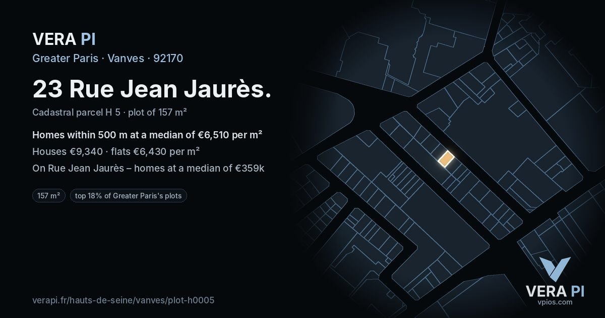 23 Rue Jean Jaurès, Vanves at night – the plot lit, the parcels around coloured by the prices near them