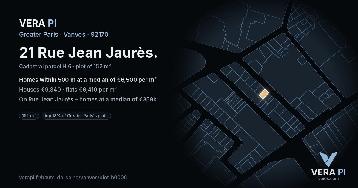 21 Rue Jean Jaurès, Vanves at night – the plot lit, the parcels around coloured by the prices near them