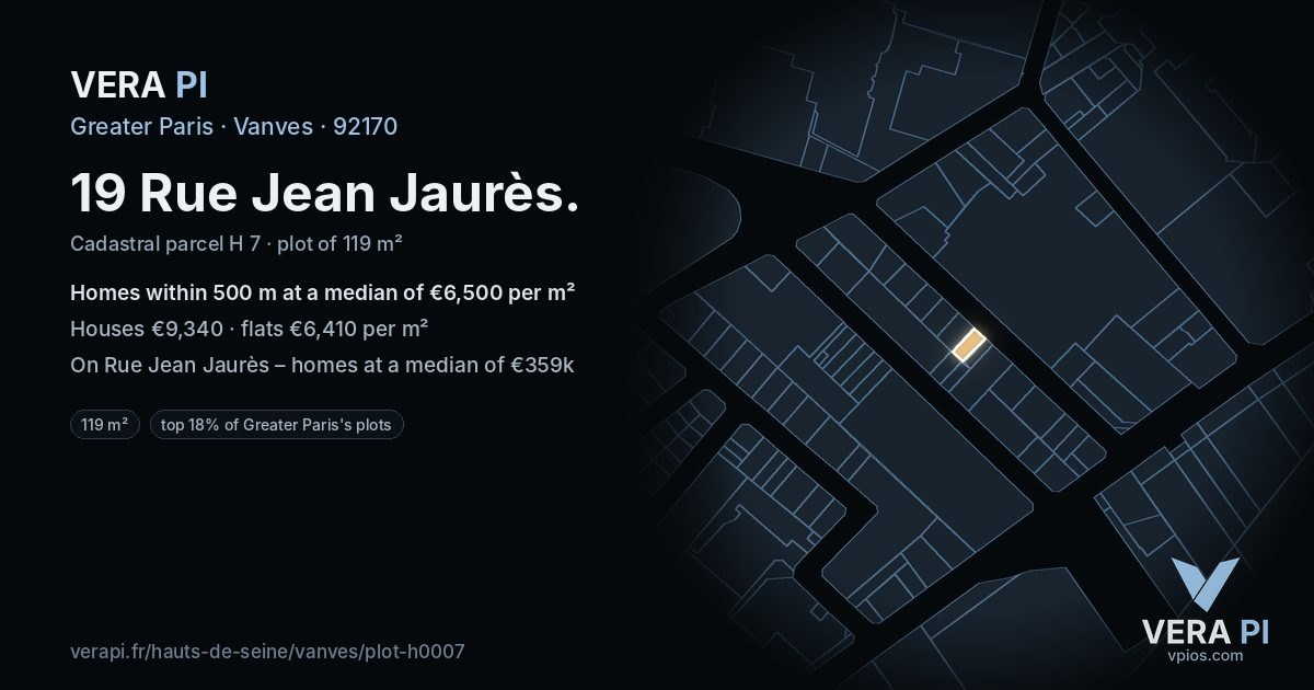 19 Rue Jean Jaurès, Vanves at night – the plot lit, the parcels around coloured by the prices near them