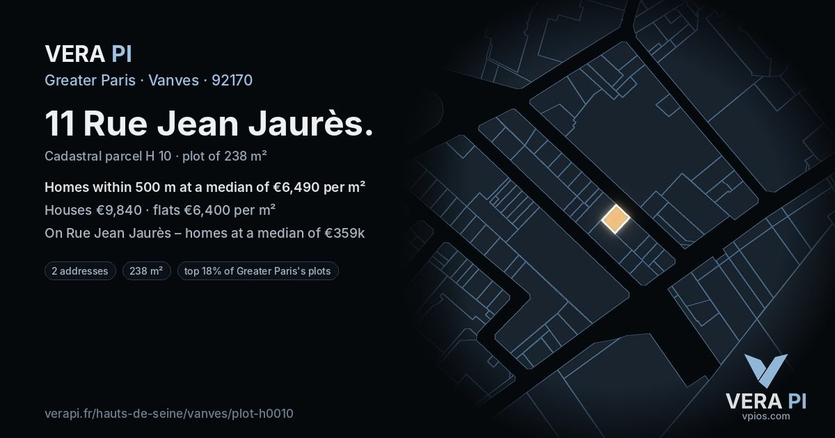 11 Rue Jean Jaurès, Vanves at night – the plot lit, the parcels around coloured by the prices near them