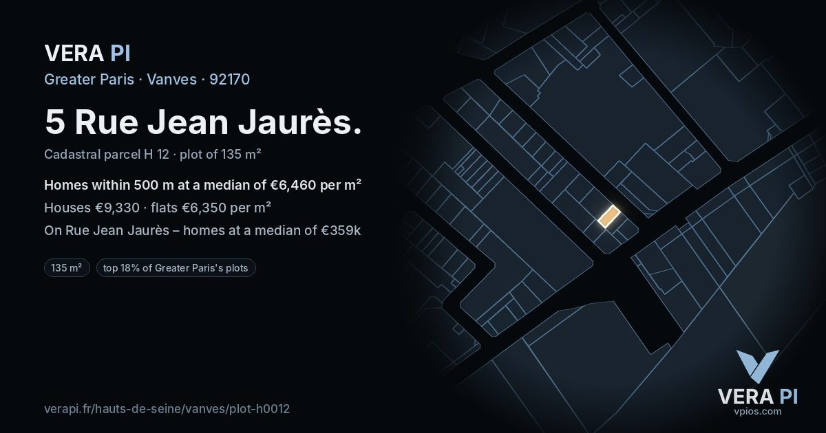 5 Rue Jean Jaurès, Vanves at night – the plot lit, the parcels around coloured by the prices near them