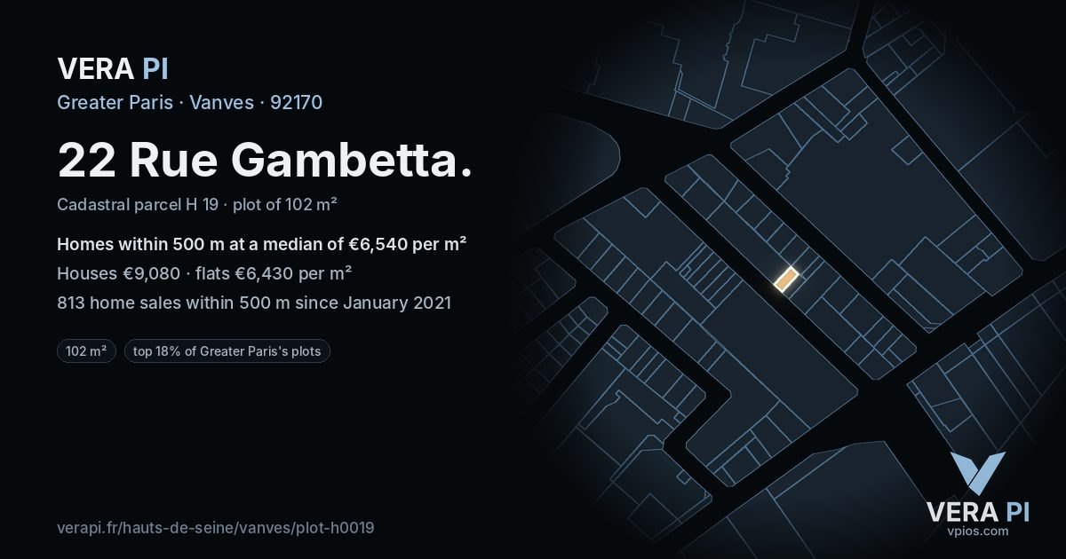 22 Rue Gambetta, Vanves at night – the plot lit, the parcels around coloured by the prices near them