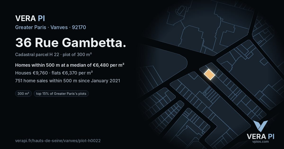 36 Rue Gambetta, Vanves at night – the plot lit, the parcels around coloured by the prices near them