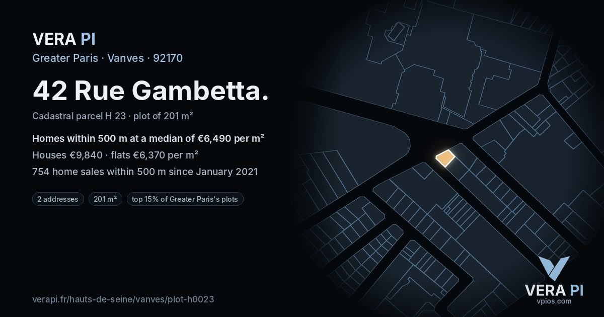 42 Rue Gambetta, Vanves at night – the plot lit, the parcels around coloured by the prices near them