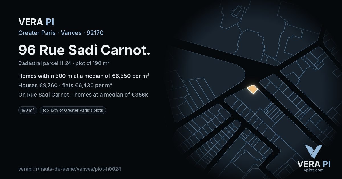 96 Rue Sadi Carnot, Vanves at night – the plot lit, the parcels around coloured by the prices near them