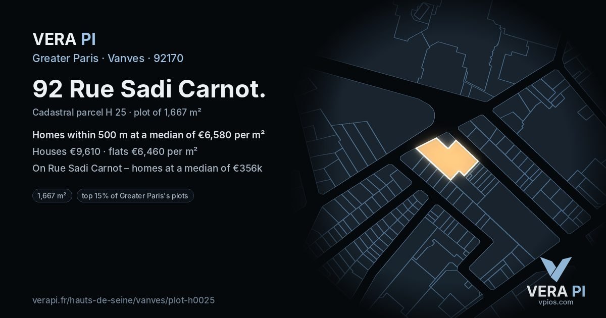92 Rue Sadi Carnot, Vanves at night – the plot lit, the parcels around coloured by the prices near them