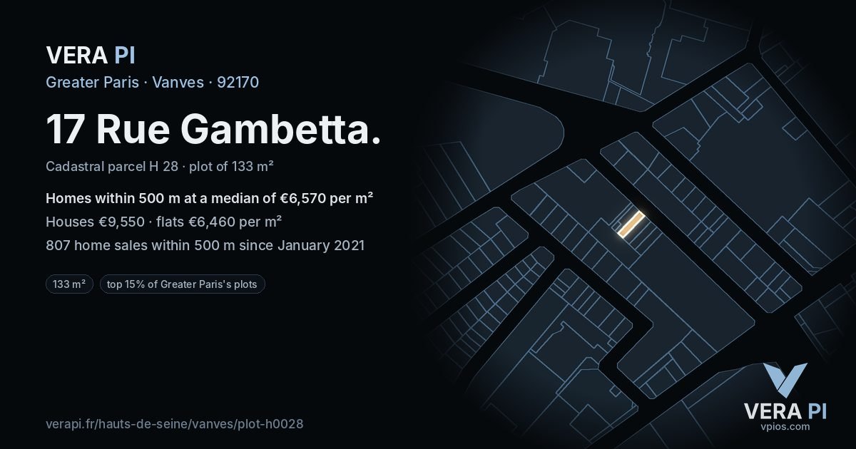 17 Rue Gambetta, Vanves at night – the plot lit, the parcels around coloured by the prices near them