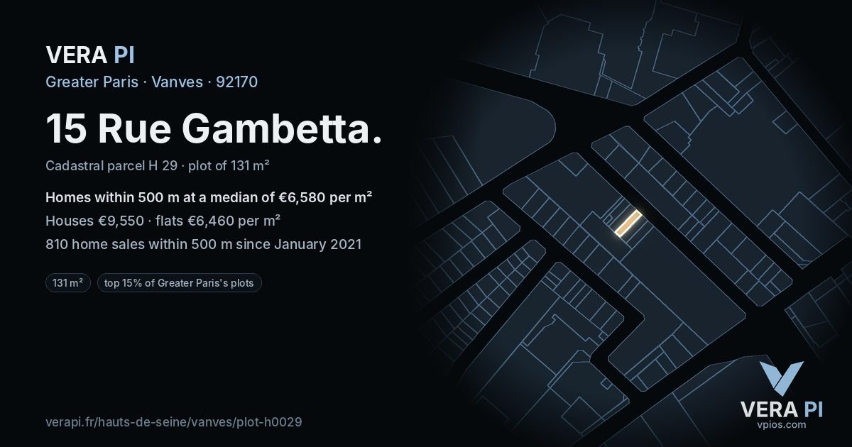 15 Rue Gambetta, Vanves at night – the plot lit, the parcels around coloured by the prices near them
