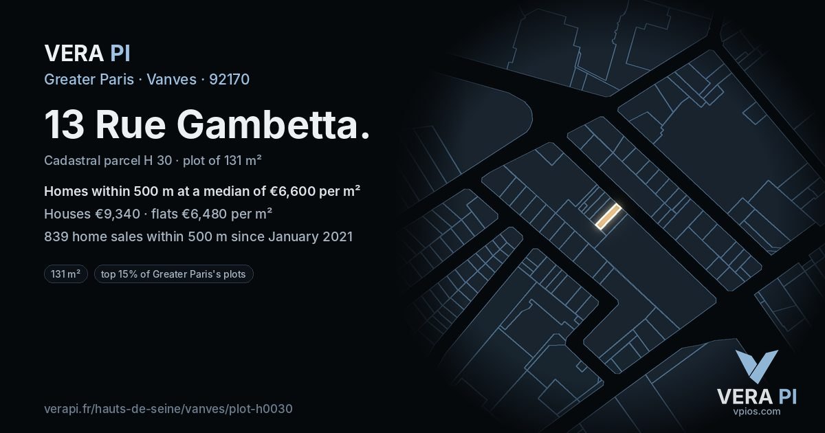 13 Rue Gambetta, Vanves at night – the plot lit, the parcels around coloured by the prices near them