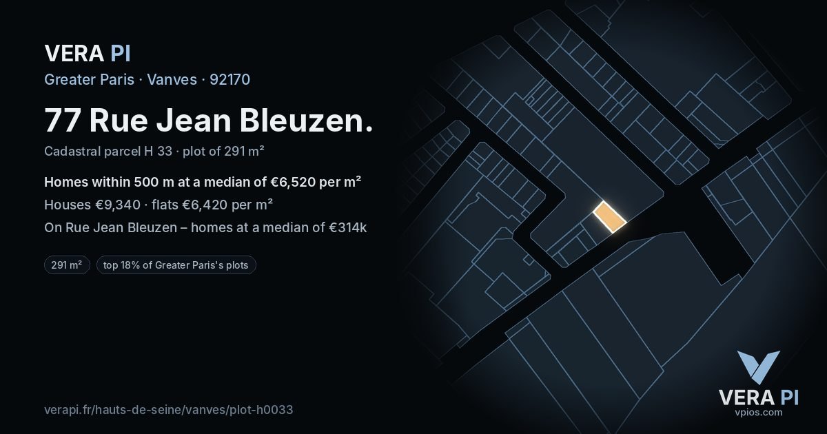 77 Rue Jean Bleuzen, Vanves at night – the plot lit, the parcels around coloured by the prices near them