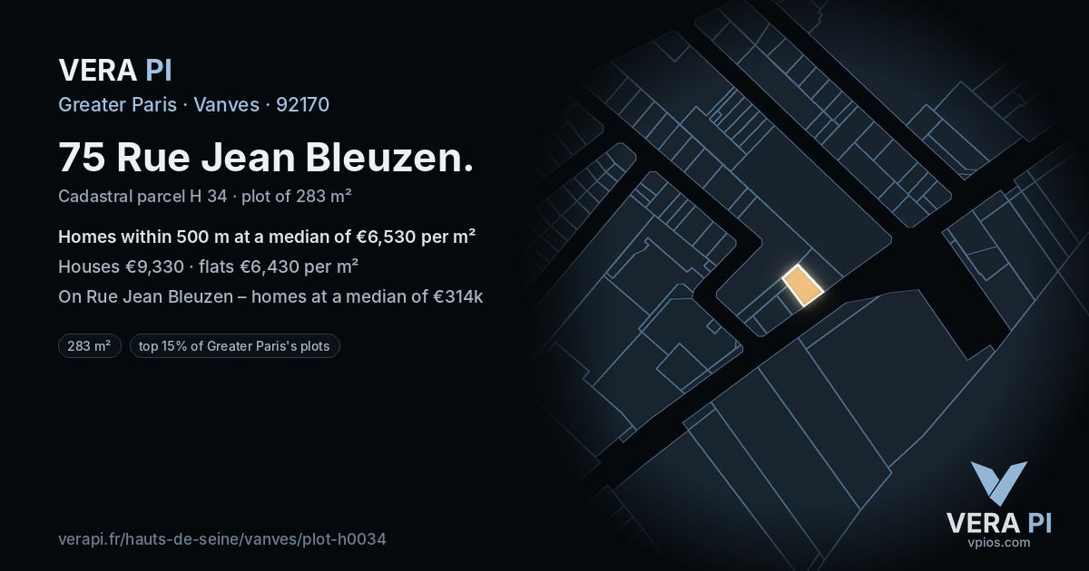 75 Rue Jean Bleuzen, Vanves at night – the plot lit, the parcels around coloured by the prices near them