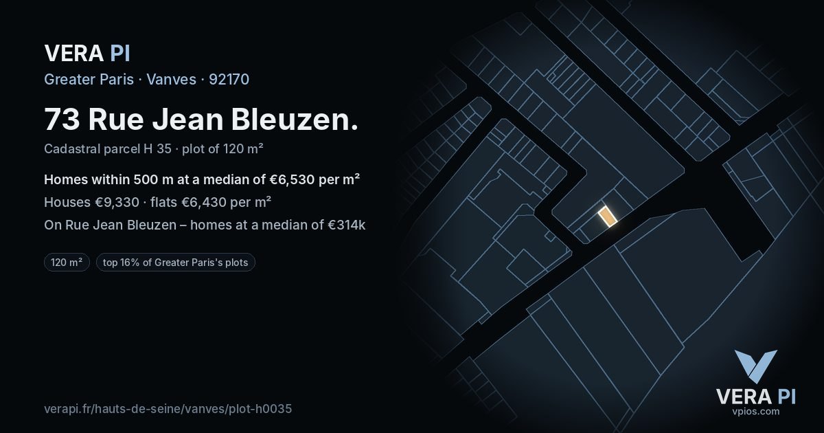 73 Rue Jean Bleuzen, Vanves at night – the plot lit, the parcels around coloured by the prices near them