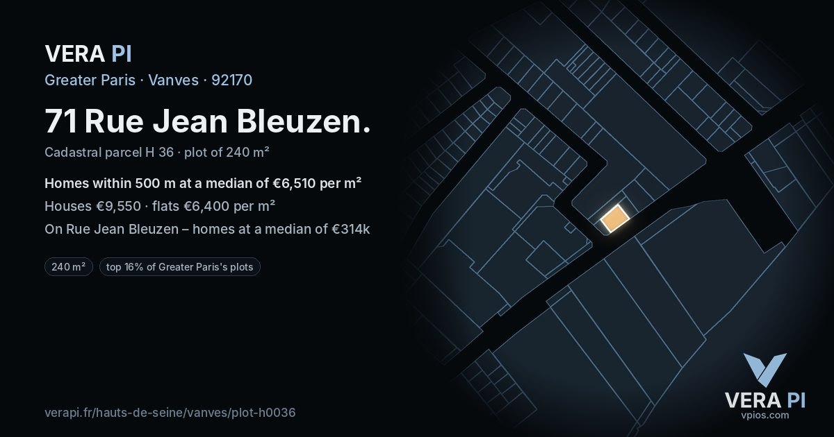 71 Rue Jean Bleuzen, Vanves at night – the plot lit, the parcels around coloured by the prices near them