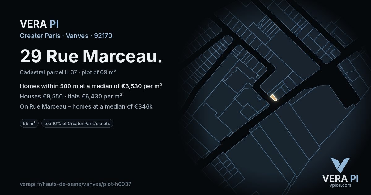 29 Rue Marceau, Vanves at night – the plot lit, the parcels around coloured by the prices near them