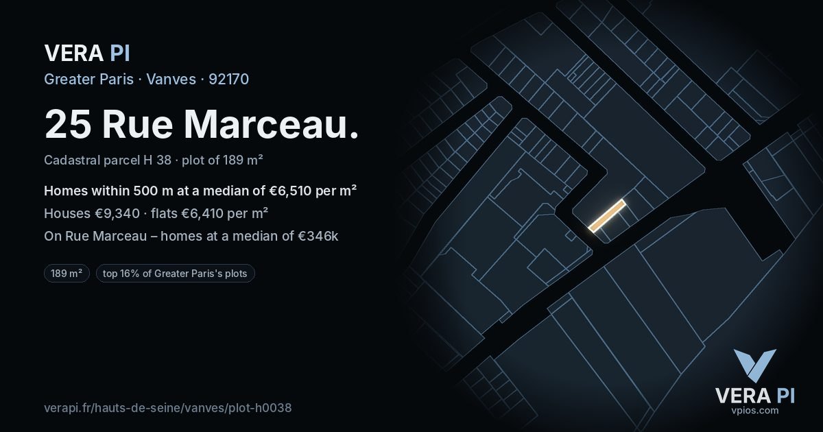 25 Rue Marceau, Vanves at night – the plot lit, the parcels around coloured by the prices near them