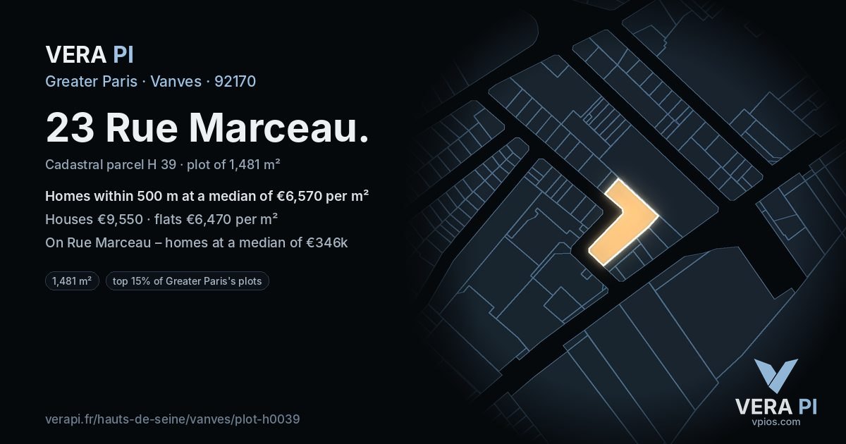 23 Rue Marceau, Vanves at night – the plot lit, the parcels around coloured by the prices near them