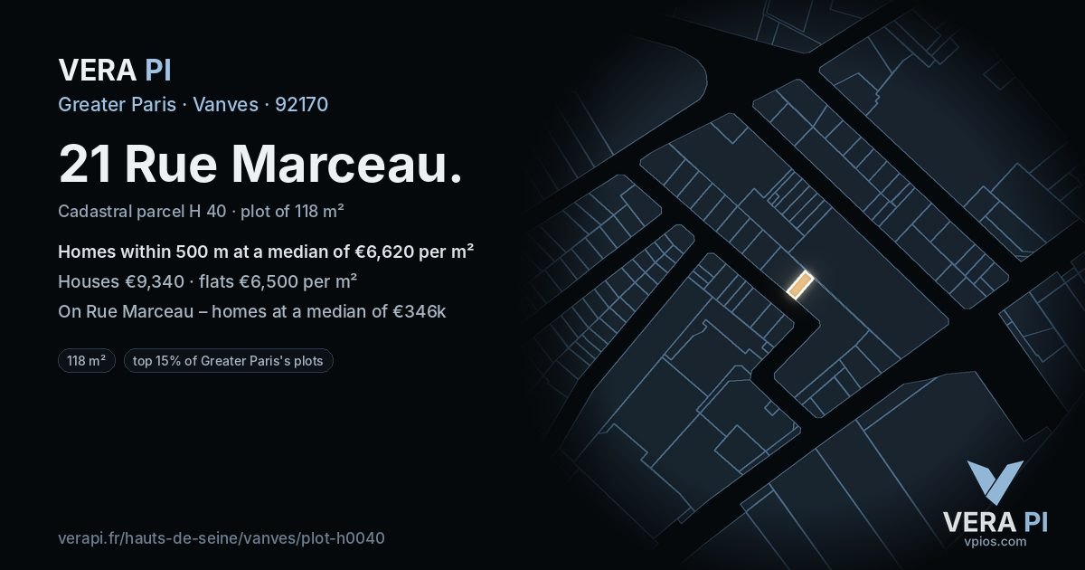 21 Rue Marceau, Vanves at night – the plot lit, the parcels around coloured by the prices near them