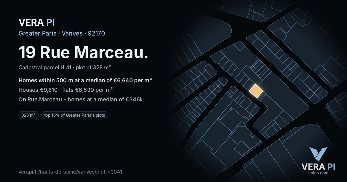 19 Rue Marceau, Vanves at night – the plot lit, the parcels around coloured by the prices near them